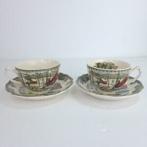 Johnson Bros Friendly Village The Ice House Flat Cups & Saucers Set Lot of 2 VTG